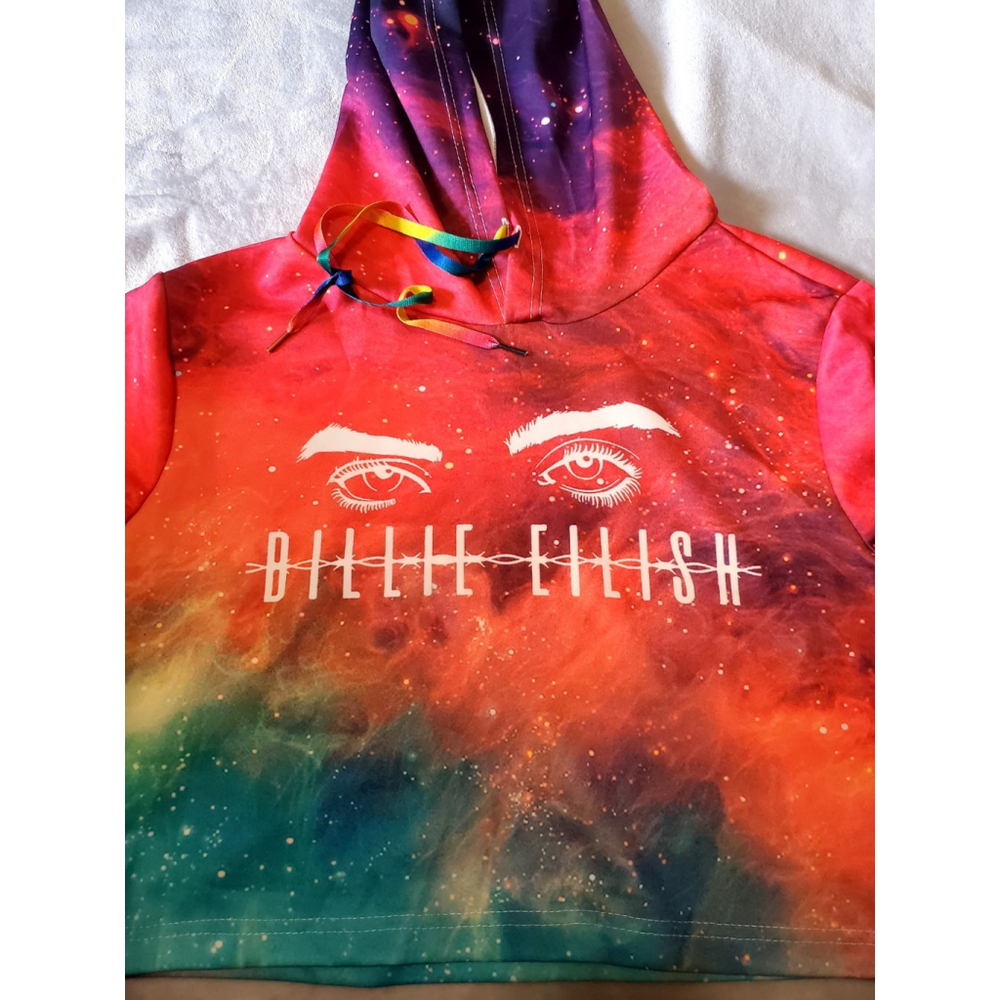 BILLIE EILISH Long Sleeve Galaxy Juinors Crop Hoodie Size Lg Beanie Hat Bundle - Picture 6 of 7